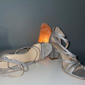 Jessica Simpson high heels, sparkly silver fabric, size 9, fits true to size ✨